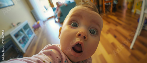A baby's wide-eyed wonder fills the frame, a candid snapshot of pure curiosity and surprise photo