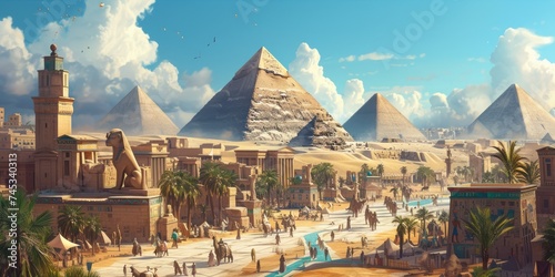 An ancient Egyptian city at the peak of its glory, with pyramids, Sphinx, and bustling markets. Resplendent. photo