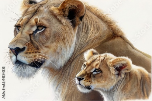 Drawing of a lioness and a lion cub on a white background