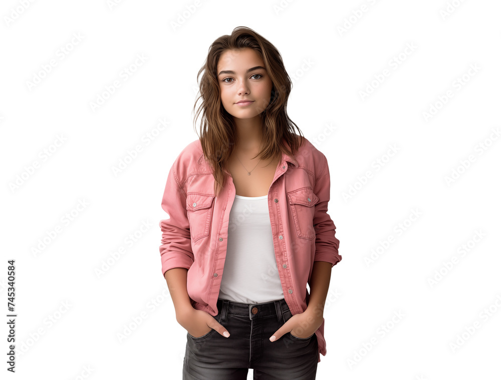 portrait of young woman with her hands in pockets, confident girl with casual attire portrait of young woman with her hands in pockets, confident girl with casual attire
