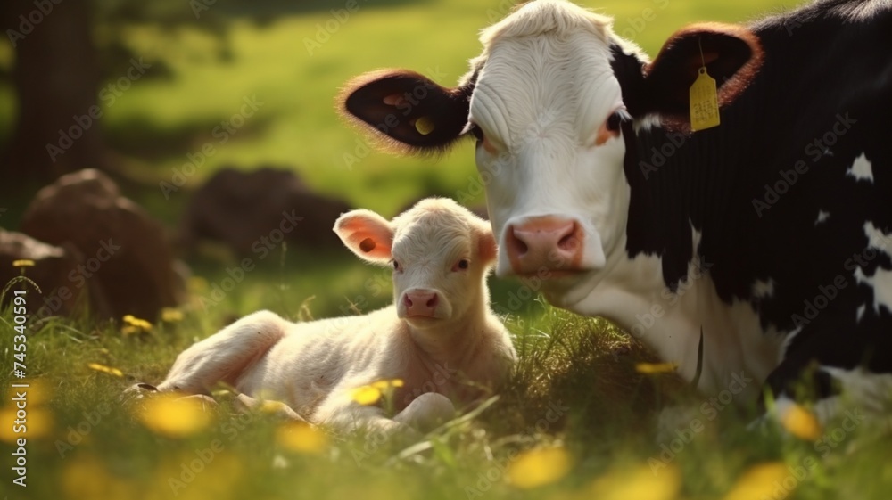 Obraz premium A Cow caressing its calf Generated AI photo