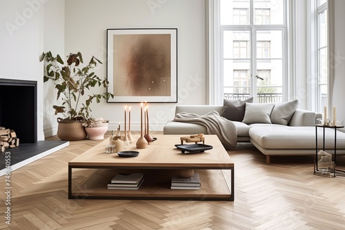 Nordic Chic: Herringbone Wooden Floor Living Room with Wooden Coffee Table and Rug © Michael