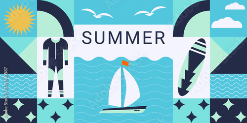  Colorful geometric summer background. The concept of a summer vacation at sea.Yacht, sea, surfing. Suitable for banners, covers.Vector illustration.