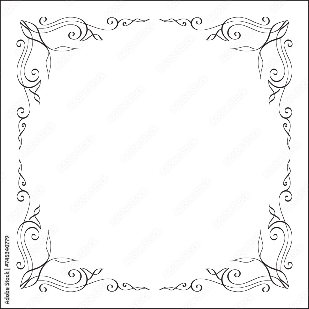 Elegant black and white ornamental frame, sharp corners, decorative border, corners for greeting cards, banners, business cards, invitations, menus. Isolated vector illustration. Elegant black and white ornamental frame, sharp corners, decorative border, corners for greeting cards, banners, business cards, invitations, menus. Isolated vector illustration.