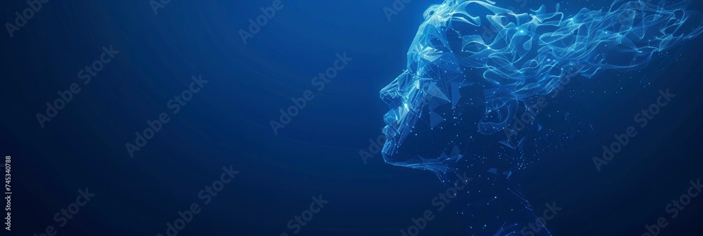 Minimalist Profile, Point Cloud Forming the Silhouette of a Woman, Set Against a Deep Blue Background