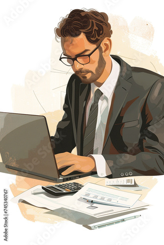 Illustration of a Businessman using laptop and calculator to do taxes calculation