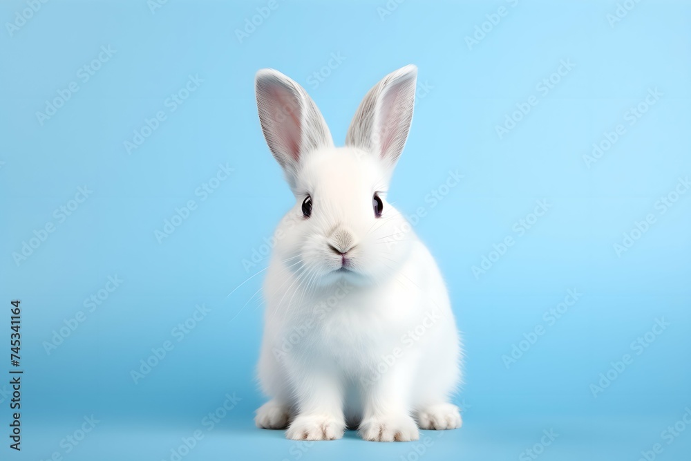 White rabbit on isolated a blue background. Spring and springtime holiday. Easter celebration concept. Cute bunny character. Design for invitation, greeting card, banner 