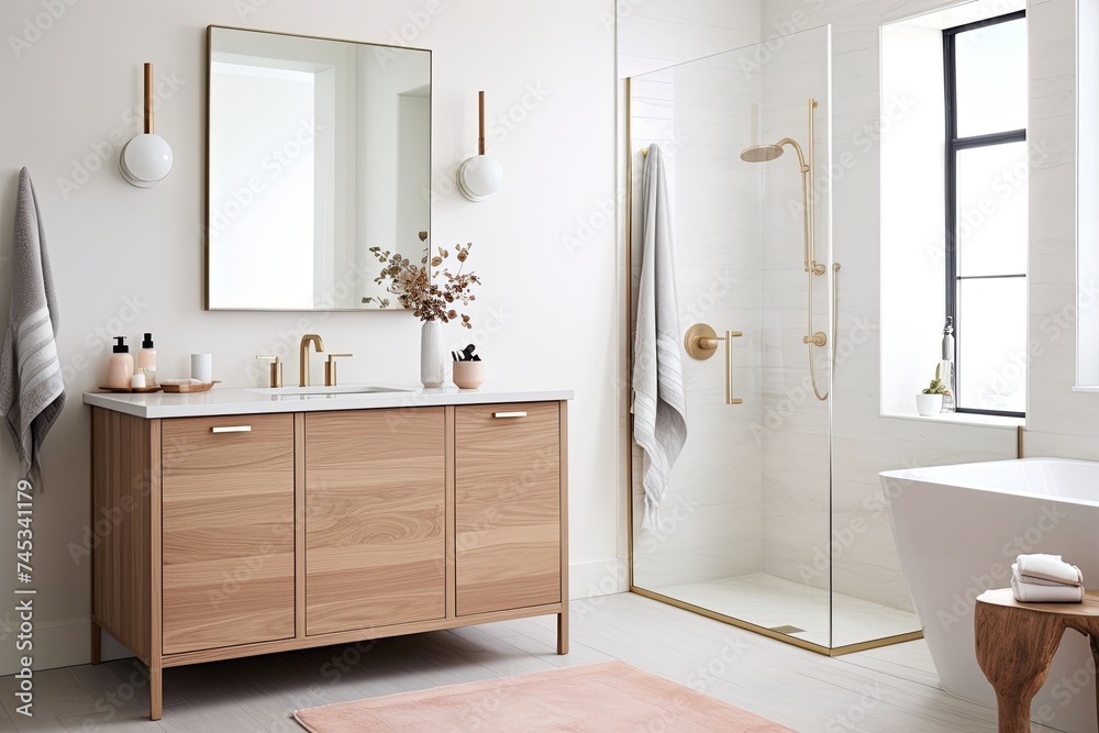 Rose Gold Fixtures in Modern Bathroom with White Walls, Wooden Cabinet ...