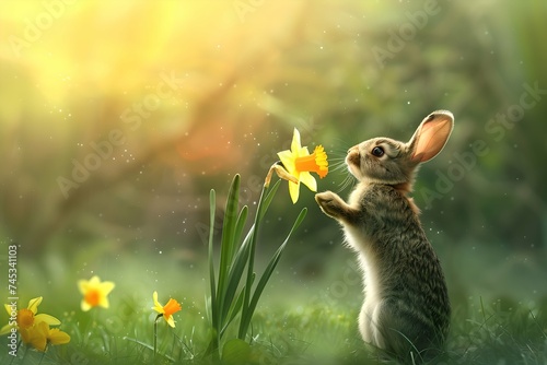 Rabbit reaching for a daffodil in spring. Spring, springtime holiday. Easter celebration concept. Cute bunny character. Design for invitation, greeting card, banner. Nature beauty 