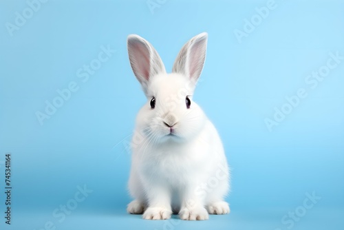 White rabbit on isolated a blue background. Spring and springtime holiday. Easter celebration concept. Cute bunny character. Design for invitation, greeting card, banner  © dreamdes