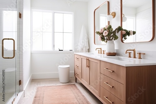 Rose Gold Fixtures   Modern White Bathroom with Wooden Cabinet  Cozy Rug Accent