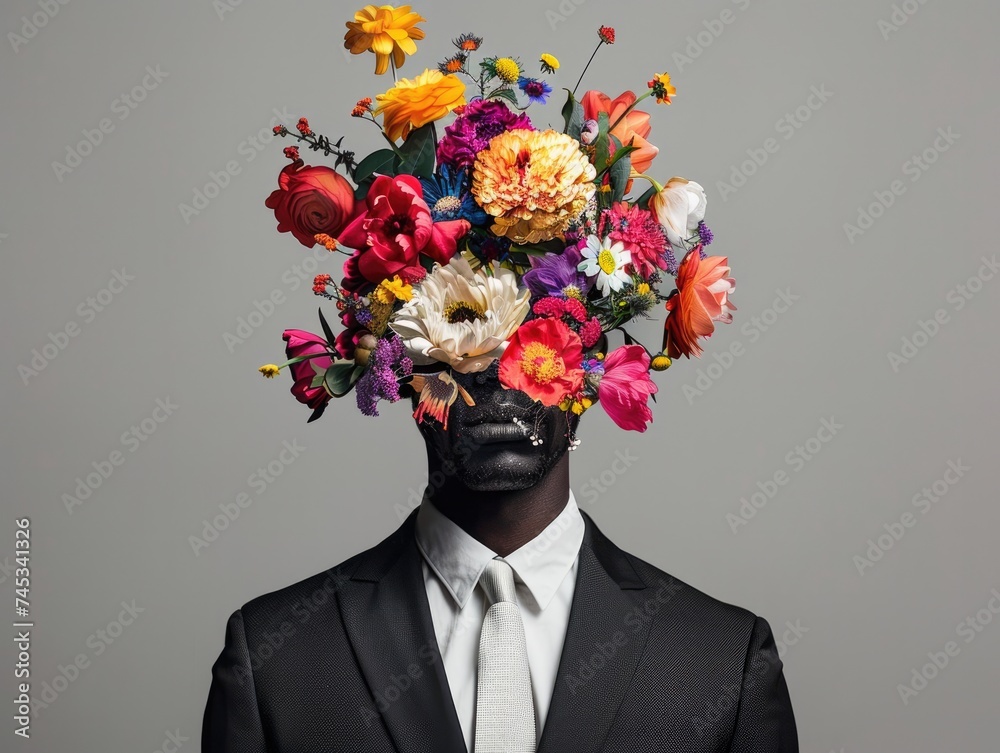 male in black and white suit with face covered in bouquet of colorful flowers against gray background