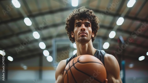 A young, athletic man is shown in this portrait playing basketball indoors. © Suleyman