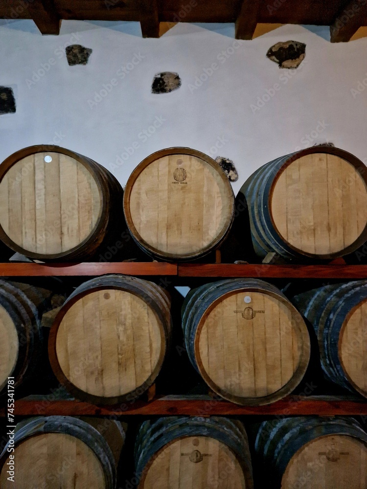 Oak wine barrels in wine cellar of vineyard