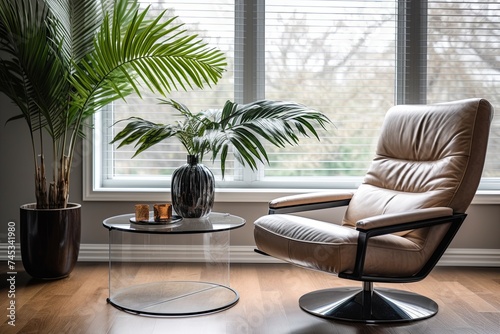 Glass Coffee Table Elegance: Modern Apartment Leather Armchair & Plant Decor