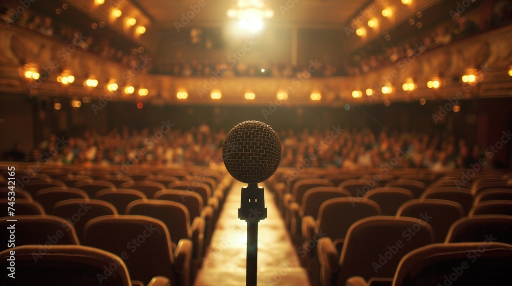 theatrical excitement fills the air as spotlight illuminates microphone ...