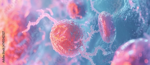 A group of pink and blue cells is visible in the Leptotene phase of prophase I during oocyte meiosis. The cells showcase strands of chromosomes within the fetal ovary.