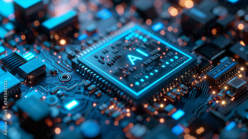 Close-Up of Advanced AI Microchip with Glowing Circuits