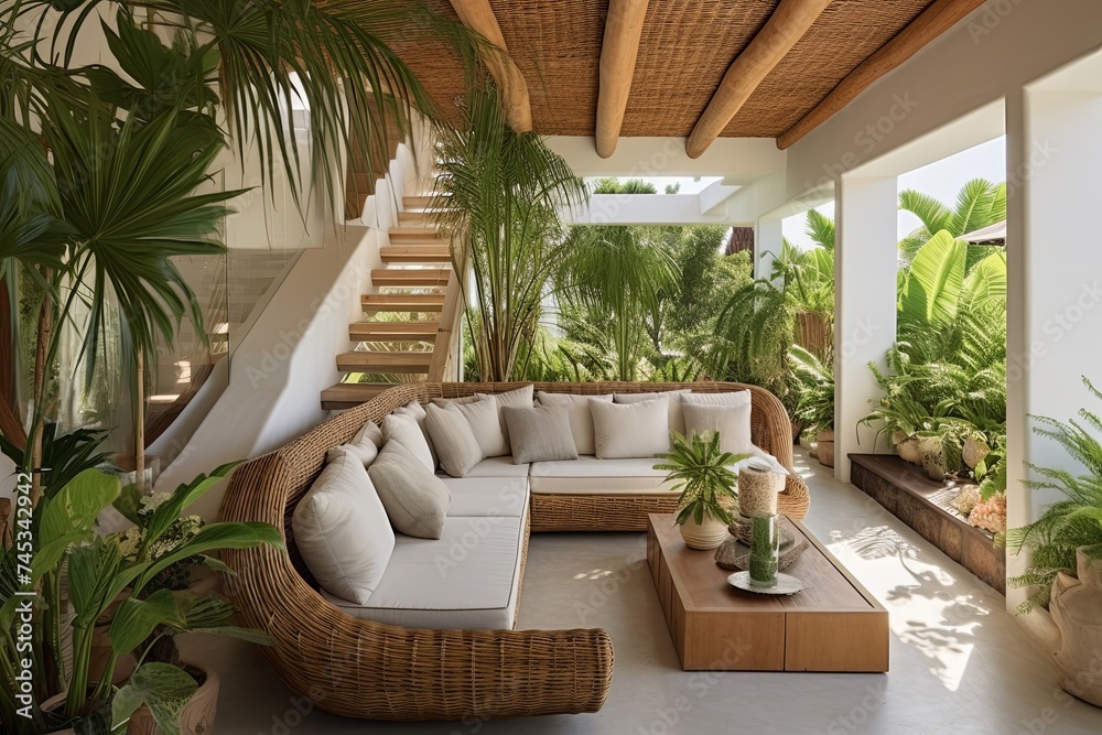 Sunken Coastal Living: Rattan Furniture Oasis with Green Plants Sunken Coastal Living: Rattan Furniture Oasis with Green Plants