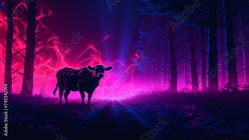 A Cow walks through the forest illustration Generated AI photo