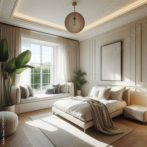 Bright family bedroom in minimalist style (wall, bed, painting, wall, neutral tones)