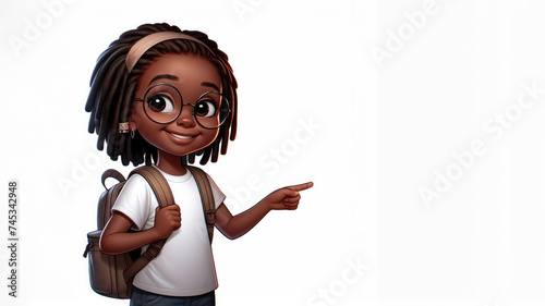 Smiling child with dreadlocks and a backpack, wearing a white T-shirt, looks at the camera, points to an empty space, 3D render, white background