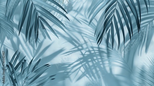 blurred shadow from palm leaves on the light blue wall  minimal abstract background for product presentation  evoking spring and summer vibes in serene atmosphere