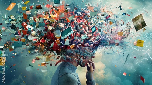 overwhelming information data explode out of head of young human brain, too much media, too much information, maximalism, news, social media addiction - coping strategies for digital overload photo