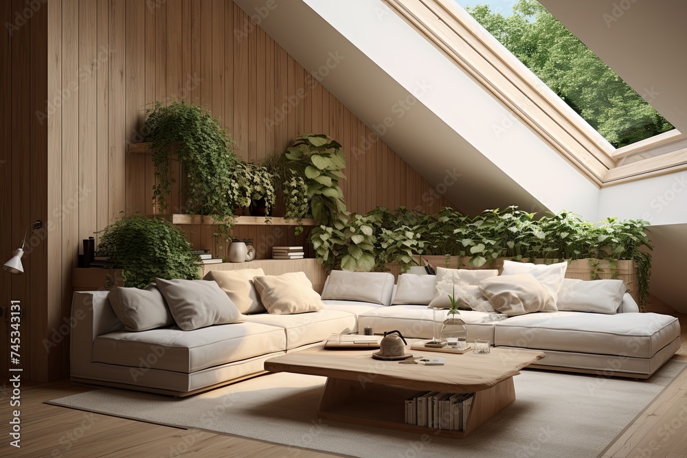 Nordic Sunken Living Room With Minimalist Design, Wooden Accents, and Indoor Greenery