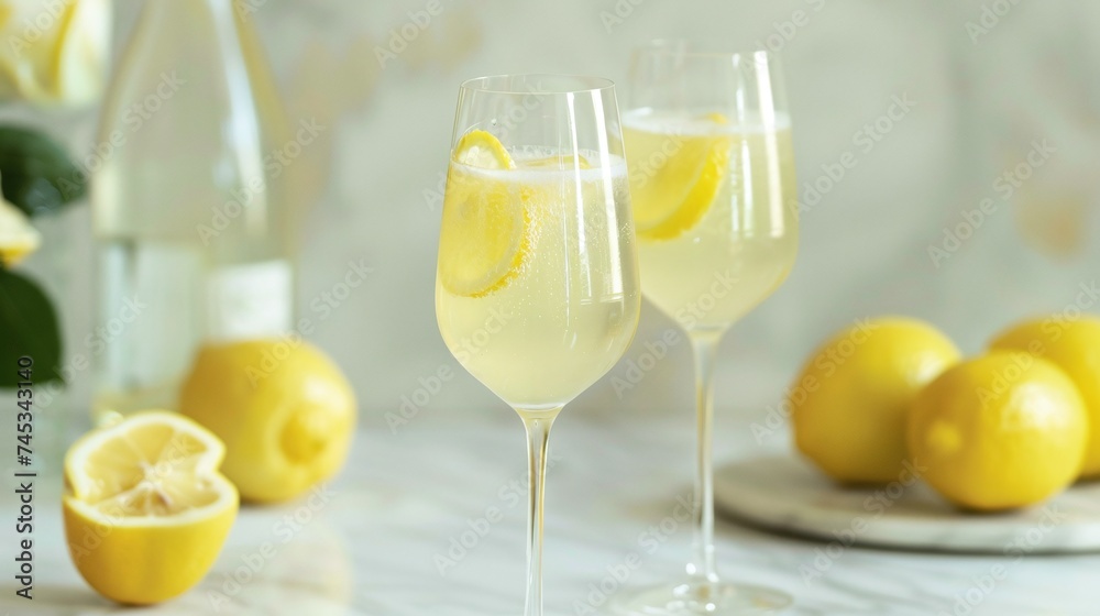 Refreshment with a Homemade Limoncello Spritz Drink, Infused with Liqueur, Sparkling Wine, and Lemon in a Cocktail Glass