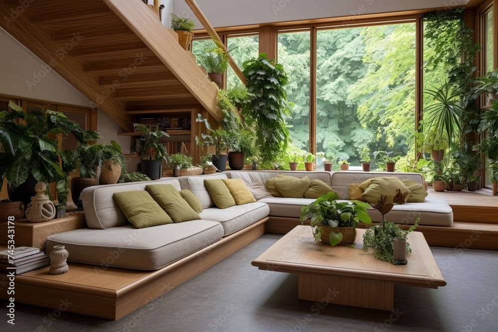 Modern Sunken Living Room: Cozy Sofa, Wooden Coffee Table & Indoor Plants Design