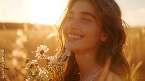 Jovem mulher sorrindo com buquê de flores silvestres em campo ensolarado durante a hora dourada photo