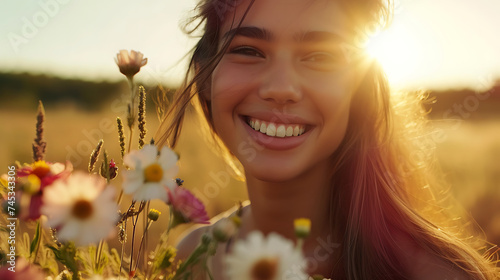 Jovem mulher sorrindo com buquê de flores silvestres em campo ensolarado durante a hora dourada photo