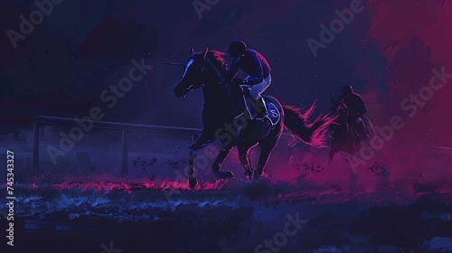 mesmerizing night horse racing spectacle with digital illustration of thoroughbred and jockey © CinimaticWorks