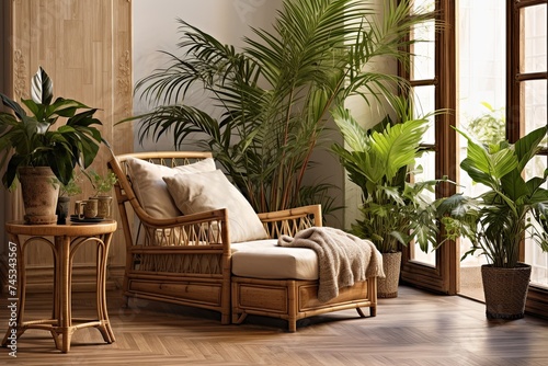 Bamboo Bliss: Island Paradise Living Room with Palm Plants and Wooden Floor © Michael