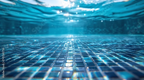 swimming pool with mosaic tiles floor under clear water, blue surface background