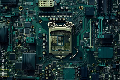 A creative wide banner design showcasing a computer motherboard closeup with a lock and login interface.