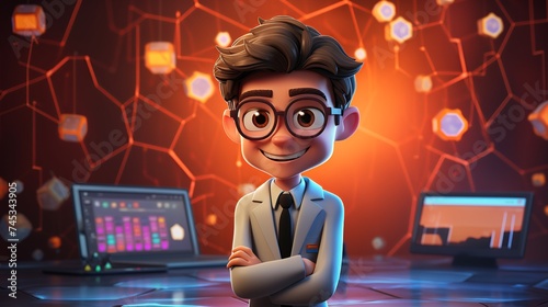 Blockchain, Data Scientist, 3D ICONS, clay, cartoon, Cute, shiny, smooth, clean background, simple details, 8K photo