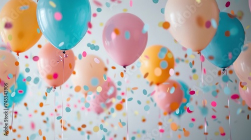 infusing vibrancy into the event with colorful balloons and confetti for a holiday celebration like birthday anniversary, attractive wallpaper background for ads or gifts wrap and web design against w