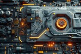 A futuristic wide banner design showcasing a computer motherboard closeup with a lock and login interface.