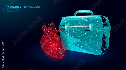 3D human heart transplantation case. Red low poly heart anatomy organ. Polygonal donor medicine patient help donation vector illustration