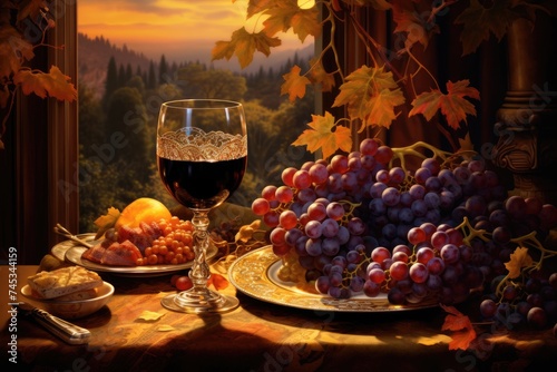 scene with wine glasses, grapes, and a dinner setting