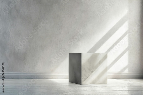 Mockup of a textured gray and white concrete wall with a cubic display for items.