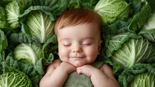 A charming and adorable newborn baby photographed against a cabbage background, symbolizing the whimsical notion of babies being "found in cabbage patches."