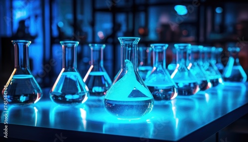 Laboratory glassware with blue glowing light inside