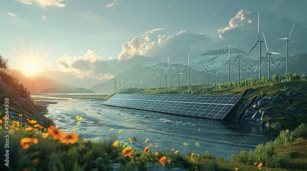 Solar panels, wind turbines or hydroelectric plants in urban and natural landscapes, The intertwining of nature and technology powering our world. Generative AI. - obrazy, fototapety, plakaty 