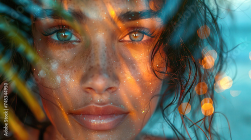 Close-up of a beautiful young woman on a beach with a tropical palms, beautiful double exposure effect.