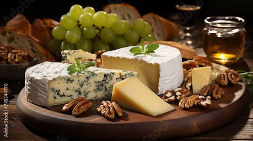 Cheese plate with different types of chees, grape and bread, steel life on a wooden board