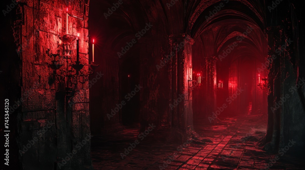 Gothic corridor with glowing red lights - obrazy, fototapety, plakaty 