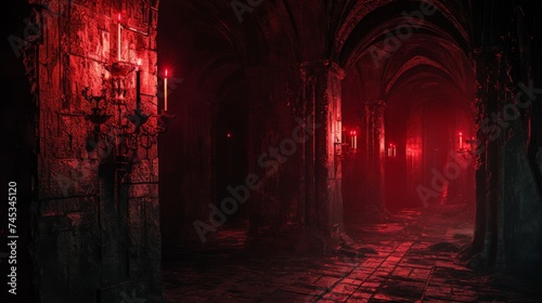 Gothic corridor with glowing red lights